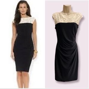 Lauren Ralph Lauren lace bodice cocktail, career dress, side ruching, lined sz 6